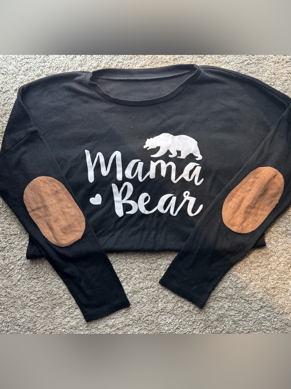 Mama Bear Black Lightweight Knit Sweater Top Faux Suede Elbow Patches